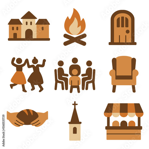 Community Gatherings Icons. Flat icon set of community gatherings: village square, bonfire, tavern door, folk dance, meeting