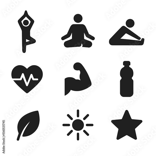 Dance Wellness Icons. Solid, filled icon set of dance wellness and growth: yoga pose, meditation, stretching, heartbeat, muscle