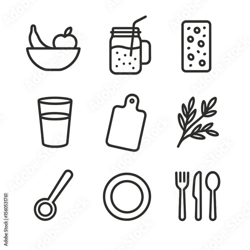 Healthy Snack Icons. Outline icon set of healthy snack station: fruit bowl, smoothie jar, granola bar, glass of water, cutting