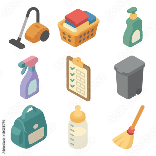 Parenting Chore Icons. Isometric Flat icon set of parenting and household chore discipline: vacuum cleaner, laundry basket, dish