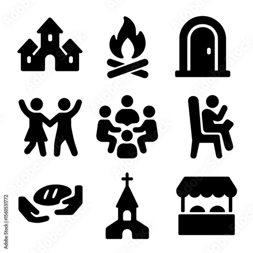 Community Gathering Icons. Solid, Filled icon set of community gatherings: village square, bonfire, tavern door, folk dance,
