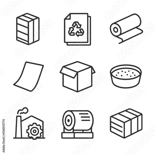 Paper and Pulp Icons. Outline icon set of paper and pulp materials: wood pulp bale, recycled paper stack, kraft paper roll, tissue