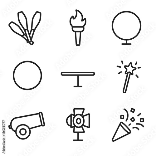 Parade Props Icons. Outline icon set of parade props: juggling clubs, fire torch, circus ring, hoop, balancing pole, magic wand,