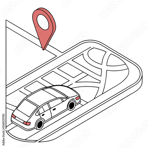 Isometric view of a car on a smartphone screen displaying a map with a location pin indicator icon