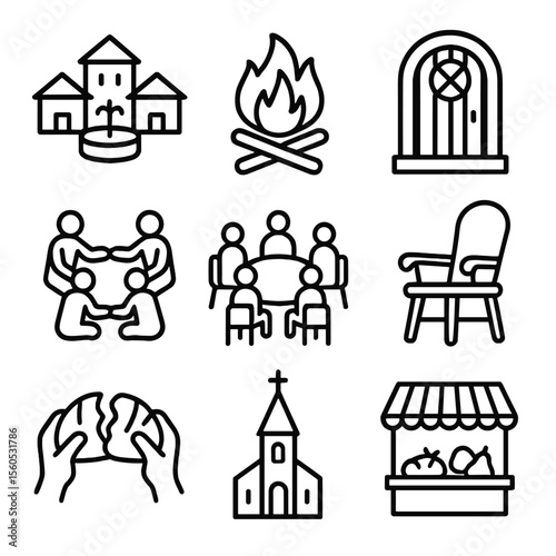 Community Gathering Icons. Outline icon set of community gatherings: village square, bonfire, tavern door, folk dance, meeting