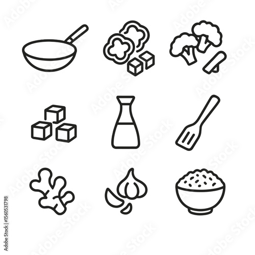 Healthy Stir-Fry Icons. Outline icon set of healthy stir-fry dinner: wok pan, sliced bell peppers, broccoli florets, tofu cubes,