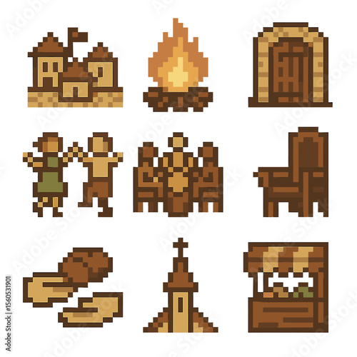 Community Icon Set. Pixel art icon set of community gatherings: village square, bonfire, tavern door, folk dance, meeting circle,
