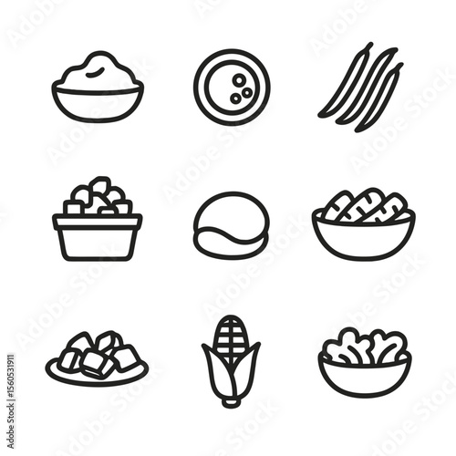 Holiday Side Dishes Icons. Outline icon set of classic holiday sides: mashed potatoes, cranberry sauce, green beans, stuffing,