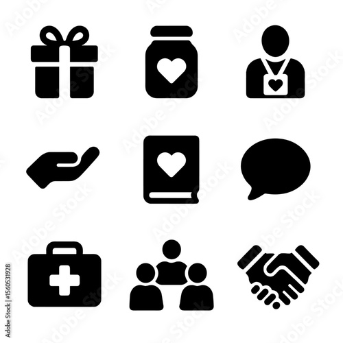Compassion Tools Icons. Solid, filled icon set of compassion tools: gift box, donation jar, volunteer badge, helping hand, empathy