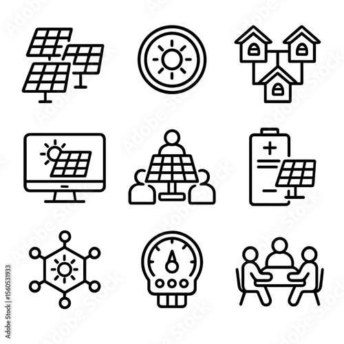 Community Solar Icon Set. Outline icon set of community solar projects: shared array, subscription token, neighborhood microgrid,