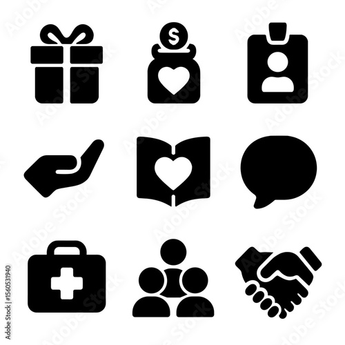 Compassion Tools Icons. Solid, filled icon set of compassion tools: gift box, donation jar, volunteer badge, helping hand, empathy