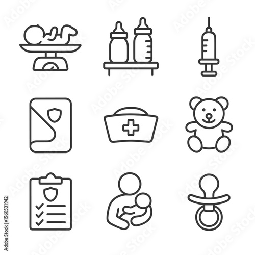 Pediatric Vaccination Icons. Outline icon set of Pediatric Vaccinations: infant on scale, baby bottle shelf, pediatric syringe