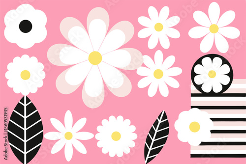 Playful White Daisies on Pink Background with Bold Leaves