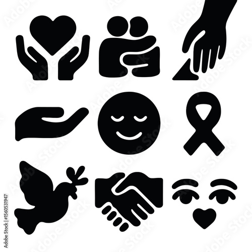 Compassion Icons Grid. Solid, filled icon set of compassion symbols: heart with hands, hugging figures, helping hand, open palm,