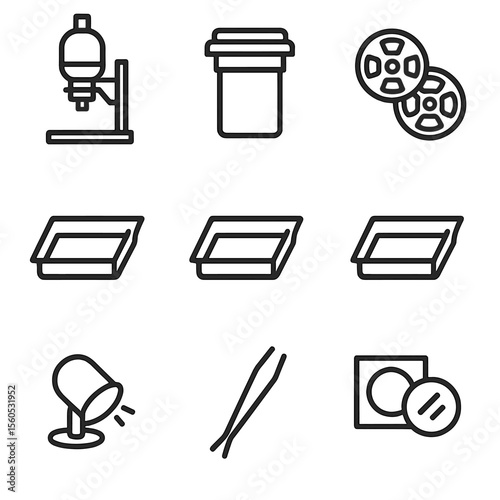 Darkroom Tools Icons. Outline icon set of darkroom developing tools: enlarger, developing tank, film reels, developer tray, stop
