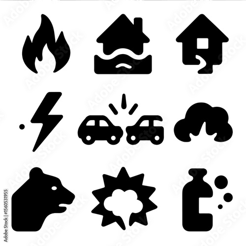 Danger Icons Grid. Solid, filled icon set of dangerous situations: fire, flood, earthquake, lightning, car crash, falling rocks,