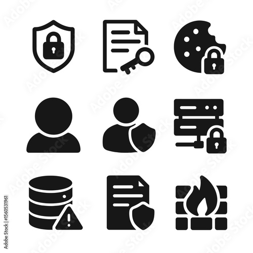 Data Privacy Icons. Solid, filled icon set of data privacy and security in digital marketing: GDPR compliance, encryption, cookie