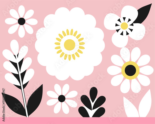 Bold White Floral with Black Leaves on Pink