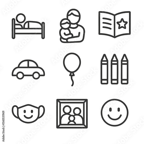 Pediatric Support Icons. Outline icon set of pediatric family support: child patient bed, parent holding child, storybook, toy car