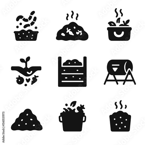 Composting Methods Icons. Solid, filled icon set of composting methods: vermicomposting, hot composting, cold composting, bokashi,
