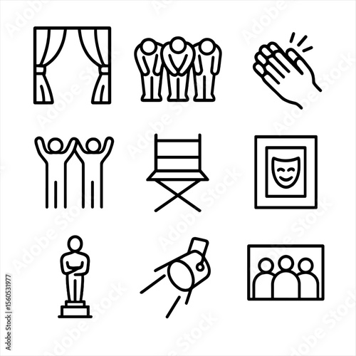 Performing Arts Icons. Outline icon set of performing arts ensemble success: stage curtain, cast bow, applause hands, standing