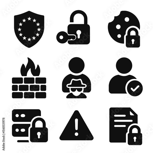 Data Privacy Icons. Solid, filled icon set of data privacy and security in digital marketing: GDPR compliance, encryption, cookie