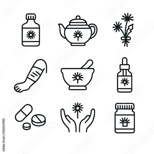 Dandelion Medicinal Icon Set. Outline icon set of dandelion medicinal uses: herbal tincture bottle, infusion teapot, dried herb