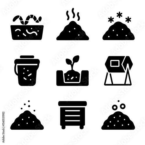 Composting Methods Icons. Solid, filled icon set of composting methods: vermicomposting, hot composting, cold composting, bokashi,