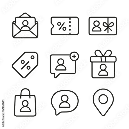 Personalized Offers Icons. Outline icon set of personalized offers and coupons: email newsletter, discount coupon, gift card,
