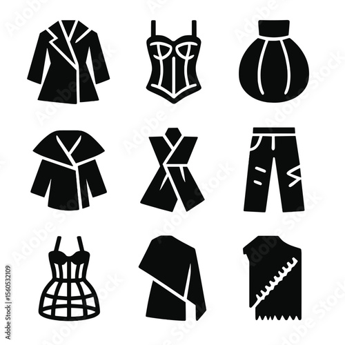 Conceptual Fashion Icons. Solid, filled icon set of conceptual fashion design: origami coat, transparent corset, balloon skirt,