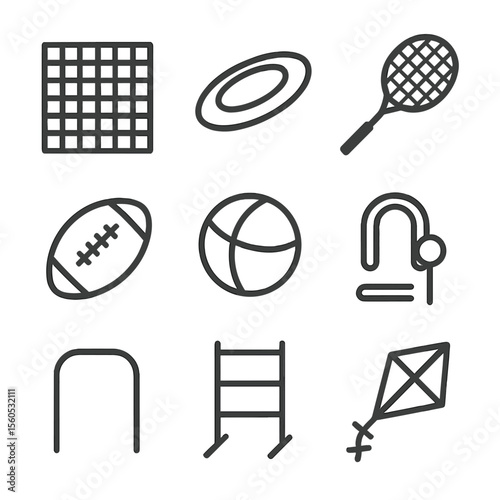 Picnic Games Icon Set. Outline icon set of picnic park games: checkers board, frisbee, badminton racket, bocce ball, football,