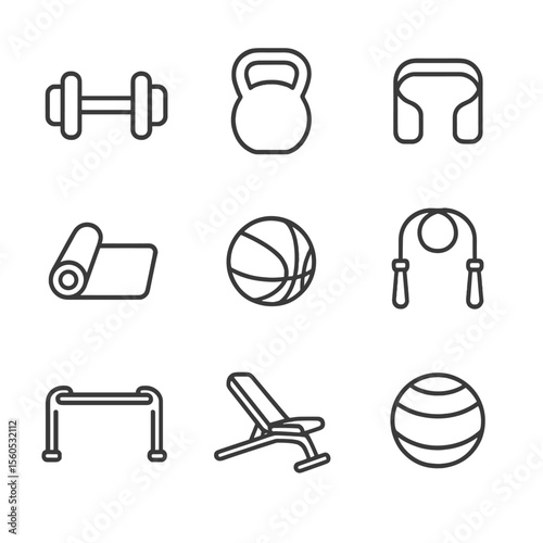 Home Gym Icon Set. Outline icon set of Home gym equipment essentials: dumbbell, kettlebell, resistance band, yoga mat, medicine