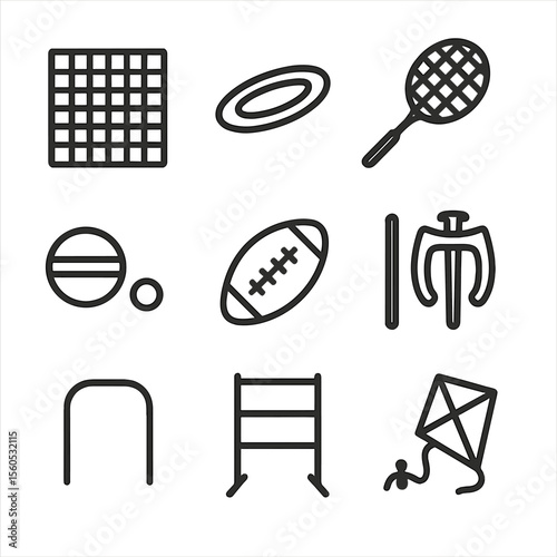 Picnic Games Icon Set. Outline icon set of picnic park games: checkers board, frisbee, badminton racket, bocce ball, football,