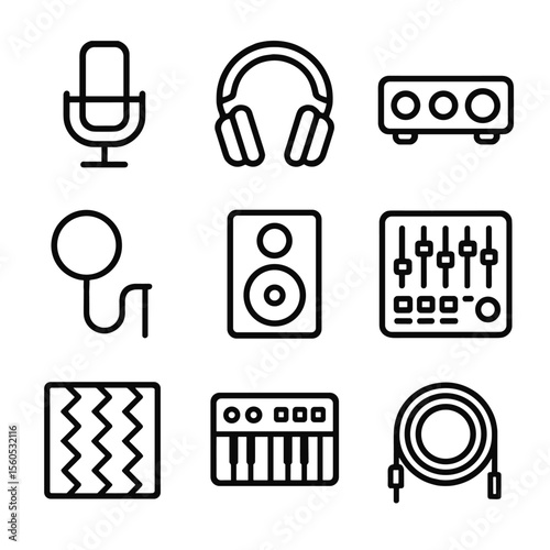 Home Studio Icons. Outline icon set of home recording studio gear: microphone, headphone, audio interface, studio monitor, pop