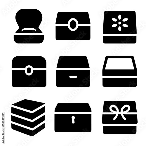 Decorative Box Icons. Solid, filled icon set of decorative boxes: velvet box, jewelry box, patterned lid, storage chest,