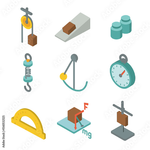 Physics Lab Tools. Isometric Flat icon set of Physics Demonstrations and Mechanics Labs: pulley system, inclined plane, weights,