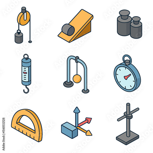 Physics Lab Tools. Isometric Flat icon set of Physics Demonstrations and Mechanics Labs: pulley system, inclined plane, weights,