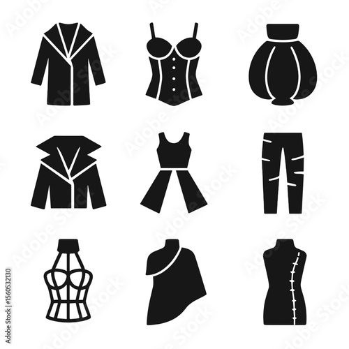 Conceptual Fashion Icons. Solid, filled icon set of conceptual fashion design: origami coat, transparent corset, balloon skirt,