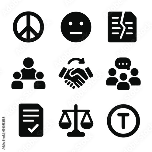 Conflict Resolution Icons. Solid, filled icon set of conflict resolution: peace sign, neutral face, broken contract, mediation,