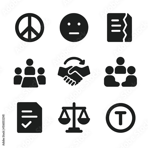 Conflict Resolution Icons. Solid, filled icon set of conflict resolution: peace sign, neutral face, broken contract, mediation,