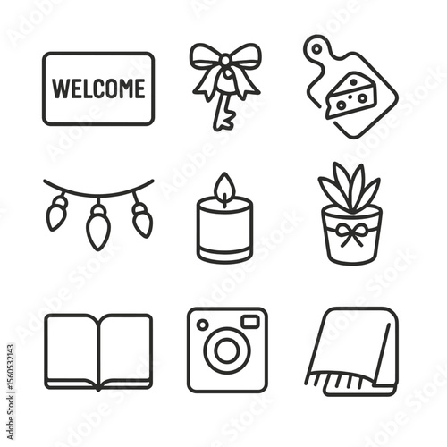 Housewarming Icons Set. Outline icon set of housewarming party: welcome mat, ribbon-tied key, cheese board, string lights, scented