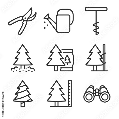 Pine Care Icons Set. Outline icon set of pine tree maintenance and care: pruning shears, watering can, soil auger, mulch layer,