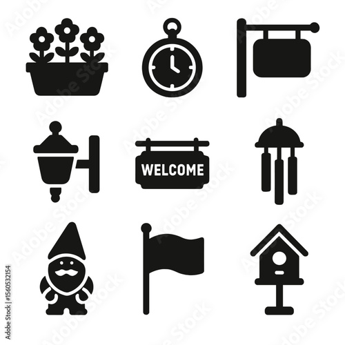 Decorative Shed Icons. Solid, filled icon set of decorative shed enhancements: flower box, outdoor clock, nameplate, light fixture