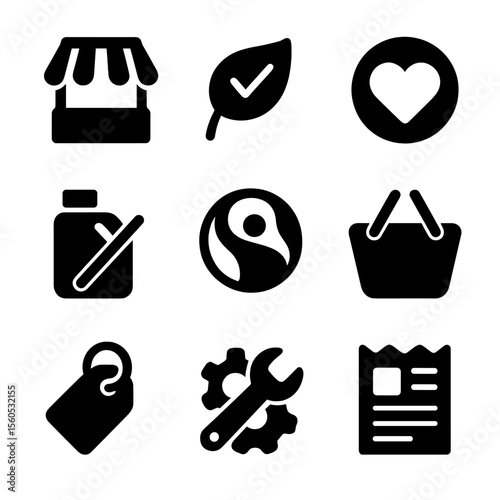 Conscious Consumer Icon Grid. Solid, filled icon set of conscious consumer habits: local market, eco product label, ethical brand