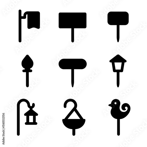 Decorative Stake Icons. Solid, filled icon set of decorative stakes and signs: garden flag stake, yard sign stake, plant label,