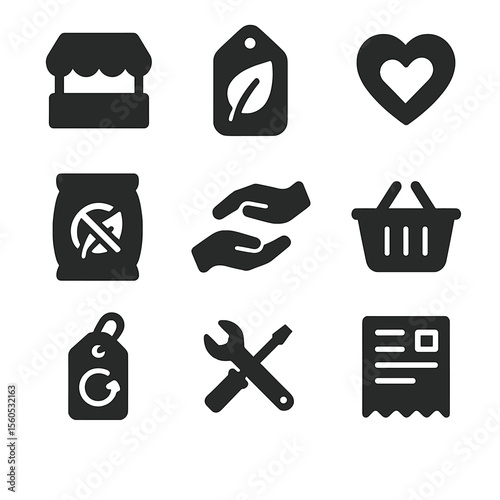 Conscious Consumer Icon Grid. Solid, filled icon set of conscious consumer habits: local market, eco product label, ethical brand