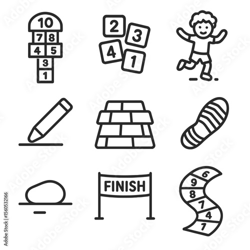 Hopscotch Icon Set. Outline icon set of hopscotch game elements: chalk hopscotch grid, numbered squares, jumping child, chalk