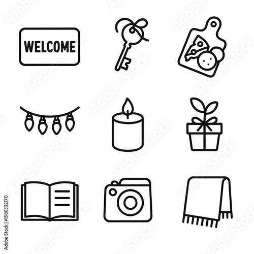 Housewarming Icons Set. Outline icon set of housewarming party: welcome mat, ribbon-tied key, cheese board, string lights, scented
