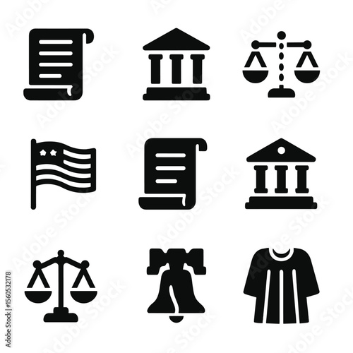 Constitutional Law Icons. Solid, filled icon set of constitutional law cases: constitution scroll, federal building, separation of