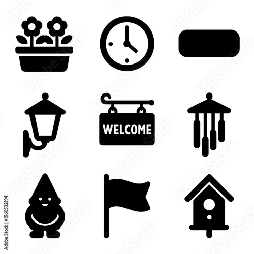 Decorative Shed Icons. Solid, filled icon set of decorative shed enhancements: flower box, outdoor clock, nameplate, light fixture